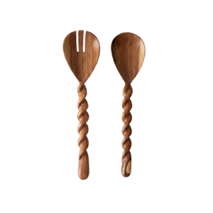 Ensemble de service à salade en bois de manguier écologique, fait main, 2 pièces : cuillère et fourchette en bois avec manche en rotin tressé - Product Image 4