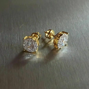 Round Cut Moissanite <b>Stud</b> Earrings 925 Sterling <b>Silver</b> 14K Yellow Gold Plated Halo Diamond Look - Product Image 1