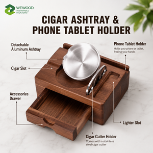 Premium Solid Walnut Wood Cigar Ashtray Organizer with Phone Tablet Holder Drawer <b>Lighter</b> Slot & Cigar Cutter Holder - Product Image 1