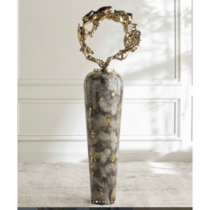 Vase de sol moderne en fer blanc et noir avec dessus doré, grande urne de sol, décoration d'entrée de mariage, porte-fleurs à effet bicolore en métal - Product Image 5