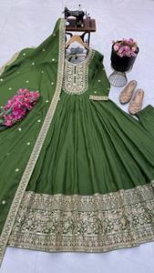 <b>Green</b> <b>Silk</b> Embroidered Anarkali Suit Set With Dupatta Floor Length Indian Pakistani Wedding Dress - Product Image 2