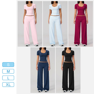 Ensemble de sport OEM en gros pour femmes : T-shirt de gym brossé à manches courtes et taille haute, et pantalon de survêtement ajusté pour l'entraînement en extérieur - Product Image 5