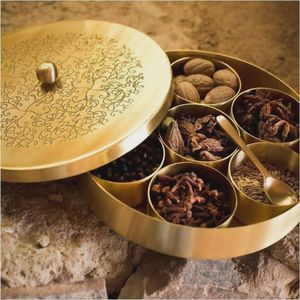 Decorative Brass <b>Spice</b> Organizer Handmade Indian Masala Box with Spoon Lid Kitchen Storage Restaurant Hotel Bulk Wholesale - Product Image 4