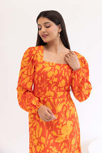 Robe midi à imprimé floral avec manches bouffantes, col carré, silhouette fourreau, robe décontractée d'été en polyester tissé ajustée - Product Image 5