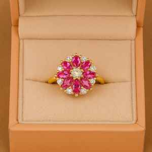 แหวนรูปดอกไม้ประดับทับทิมทรงมาร์ควิส ตัวเรือนเงินแท้ 925 ชุบทอง 14k ประดับเพชร CZ รับรองโดย IGI เหมาะสำหรับงานแต่งงานและงานเลี้ยงสำหรับผู้หญิง - Product Image 6