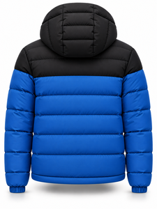 Veste matelassée à capuche pour homme, color-block noir et bleu, rembourrage en polyester, imperméable, séchage rapide, coupe-vent, fermeture éclair, hiver - Product Image 2