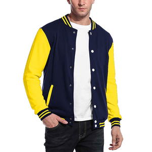 Blouson universitaire décontracté en polaire pour homme, col rabattu, manches classiques, couleur unie, avec blocs de couleur bleu marine et jaune, en promotion - Product Image 1