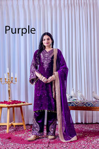 Robe Salwar Kameez en velours de haute qualité pour femme, design modeste, avec haut en viscose et palazzo en georgette, prête à porter - Product Image 4