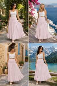 Women's Pink <b>Elastic</b> <b>Waist</b> A-Line Ball Gown Floor-Length <b>Skirt</b> Handmade Eco-Friendly 100% Cotton Bohemian Summer Breathable - Product Image 3