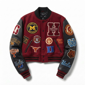 Chaqueta Varsity Corta Personalizada al por Mayor para Mujer, de Cuero Genuino y Lana, con Bordado, Estilo Universitario, Moda Urbana - Product Image 1