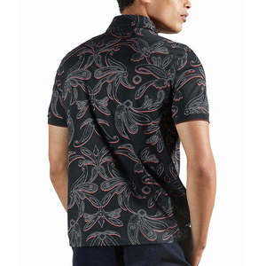 Men's Black Paisley Print Short Sleeve Polo Shirt Casual Woven <b>Top</b> - Product Image 1