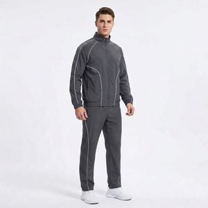 Custom Logo Unisex Dark Grey Tracksuit with White Piping Vintage Style <b>Zip</b>-<b>Up</b> <b>Jacket</b> & Pants Set 100% Polyester Elastic Waist - Product Image 1