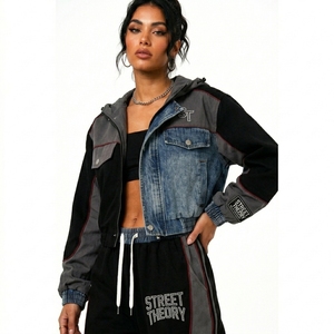 Ensemble deux pièces pour femme, veste et pantalon en jean patchwork surdimensionnés, style streetwear, tenue tendance longue - Product Image 4