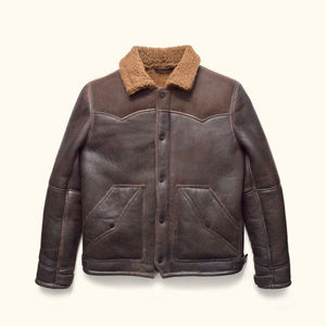Men's Genuine Leather <b>Jacket</b> Turn-down Collar Sherpa Lining Windproof Casual Winter Style Regular Fit - Product Image 1