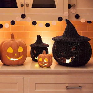 Cesta Decorativa de Halloween Hecha a Mano con Forma de Calabaza de Hierba Marina, Bolsa para Dulces con Sombrero de Bruja, Impresión Personalizada, Decoración para Interiores del Hogar - Product Image 1