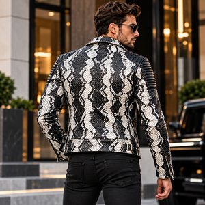 <b>Mens</b> Black White Embossed Snake Skin Leather Biker <b>Jacket</b> Premium Breathable Winter <b>Motorcycle</b> Moto <b>Jacket</b> Stylish - Product Image 4