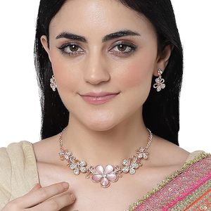 Rose <b>Gold</b> Plated Flower Crystal Necklace and <b>Earring</b> <b>Set</b> Women's Romantic Party Jewelry - Product Image 4