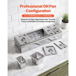 Vassoio da banco in acciaio inossidabile per servire cibo e insalate, con dispenser e griglia refrigerata per buffet e esposizione condimenti - Product Image 6