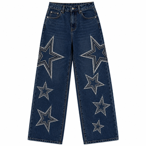 Women's Blue Star <b>Embroidered</b> Loose Fit Dark Wide Leg High Waist Summer Light Denim <b>Jeans</b> Casual Streetwear OEM ODM - Product Image 1