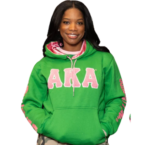 Sudadera con Capucha Verde Chenille para Mujer, Marca AKA, con Letras Griegas Bordadas, Forro de Satén, Calidad Premium, Estilo Casual - Product Image 1