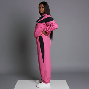 Custom Logo <b>Pink</b> Women's Two Piece <b>Tracksuit</b> <b>Set</b> Full Sleeve Loose Fit Zipper Sporty Color Blocked All Seasons Woven Polyester - Product Image 3