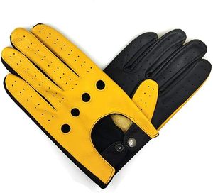 Guantes de Conducción de Cuero Genuino Perforado de Primera Calidad para Hombre, Clásicos Vintage Negros y Amarillos Transpirables - Product Image 2