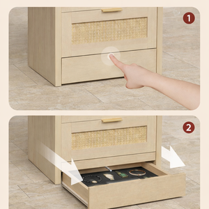 ELVROGEST SA Table de chevet moderne en bois avec tiroirs en rotin, table de chevet avec étagère de rangement et tiroir inférieur, finition naturelle - Product Image 4