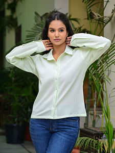 Chemise en lin décontractée pour femmes, couleur vert menthe, col boutonné, manches longues, chemisier de bureau - Product Image 2