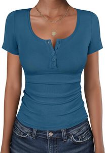 Camiseta Clásica de Canalé con Botones, Suave, Transpirable, Cómoda, Informal, para Uso Diario, Estilo Minimalista, Elegante, Venta al Por Mayor - Product Image 1