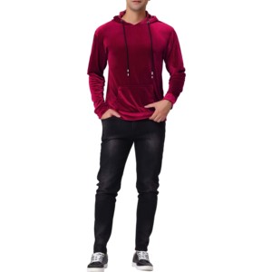 Sweat-shirt à capuche en velours bordeaux pour homme, coupe classique, couleur unie, vêtement décontracté d'hiver, design avec poche, sweat-shirt tricoté - Product Image 2