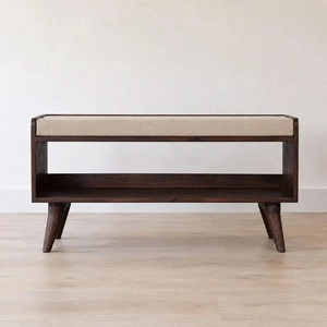 Banc de rangement pour chaussures en bois de manguier écologique moderne avec siège en lin, capacité de 11 paires, design scandinave - Product Image 1