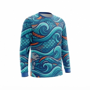 เสื้อตกปลาแขนยาวผู้ชาย พิมพ์ลายแบบซับลิเมชั่น UPF 50 แห้งเร็ว โพลีเอสเตอร์ ลายคลื่นทะเลสีน้ำเงิน เสื้อพูลโอเวอร์ - Product Image 1