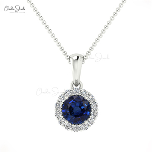 Trendy Products Natural 4mm Round Brilliant Cut Blue Sapphire Diamond Halo <b>Pendant</b> in 14k <b>Solid</b> <b>Gold</b> Custom <b>Pendant</b> Necklace - Product Image 3