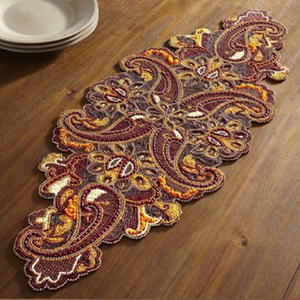 Intricate ethnic paisley pattern elegant maroon and gold traditional handmade beaded <b>table</b> <b>linen</b>, available at wholesale prices. - Product Image 1