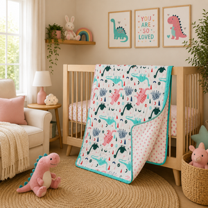Premium Jaipur Hand Block Printed Baby Quilt <b>set</b> Dinosaur Print Eco-Friendly Soft 100% Cotton Reversible 200TC Travel & Nursery - Product Image 5