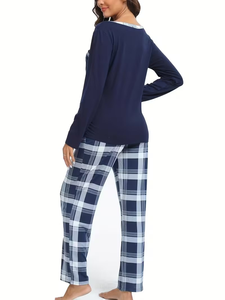 Conjunto de Pijama de Manga Larga con Cuello en V para Mujer, Pantalones a Cuadros, Ecológico, Transpirable, Spandex/Algodón, Cierre con Cordón, Sin Costuras, Verano - Product Image 4