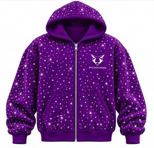 Sweat à capuche zippé violet perlé, veste streetwear décorée de perles, sweat à capuche à manches longues avec poches avant - Product Image 1