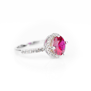 Bague Halo en argent sterling 925 pour femme, sertie d'un rubis rouge taille ronde, bijou de fiançailles, cadeau de joaillerie fine pour elle - Product Image 2
