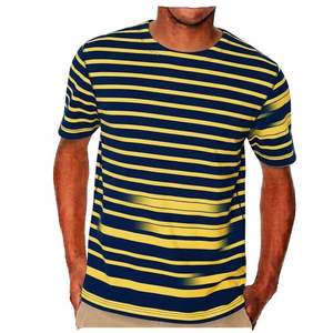 T-shirt à manches courtes rayé pour homme, col rond, tricoté, décontracté, motif bleu marine et jaune, design uni, t-shirt pour homme - Product Image 1