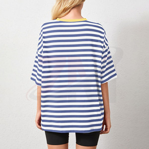 Camiseta de Mujer a Rayas Azules y Blancas, Cuello Redondo, Holgada, Manga Corta, Tejida, Transpirable, Informal, para Primavera/Verano - Product Image 3