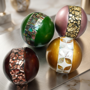 Assorted Handcrafted Christmas Hanging Balls Set of 4 Elegant Ornaments with Crushed Shell Inlays in Green, Gold, Mauve & Brown - Product Image 1