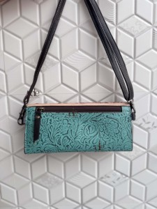 High Quality Hand <b>Tooled</b> Carving <b>Leather</b> Clutch Stylish Turquoise Colour Multi Uses Western Women's Cross Body Wallets Daily Use - Product Image 3