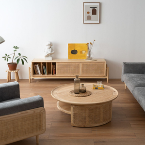 Modern Light Luxury Solid <b>Wood</b> <b>Round</b> <b>Coffee</b> <b>Table</b> With Natural Rattan Side Panels For Hotel Living Room Apartment - Product Image 5