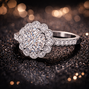 Anillo de Compromiso de Lujo con Halo Floral de Diamantes Redondos, Chapado en Oro de 14k, Aleación de Oro Blanco - Product Image 3