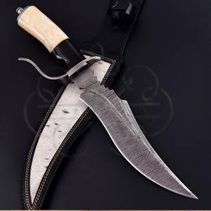 Cuchillo de Caza Bowie de Acero de Damasco, Forjado a Mano, con Mango de Cuerno de Búfalo y Hueso de Camello, para Caza y Camping, con Funda de Cuero - Product Image 1