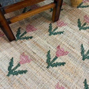 Handmade Jute Kilim <b>Rug</b> with Floral Pattern | Natural Fiber Low Pile Thin <b>Boho</b> Area <b>Rug</b> | Eco-Friendly Rustic Home Decor - Product Image 3