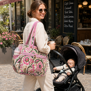 Floral Vintage Zipper Cotton Mommy Diaper Bag Portable Newborn Baby Eco-friendly Block Print <b>Nursery</b> Organizer Long Handles - Product Image 4