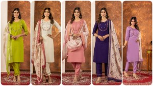 Women's Lime Green Embroidered Marina Silk Quick Dry <b>Kurta</b> Set Cream Dupatta Traditional <b>Indian</b> Pakistani Casual Ankle-Length - Product Image 2