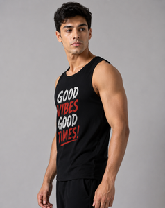 Débardeur noir pour homme Good Vibes Good Times, col rond, style décontracté, 100% polyester tricoté, séchage rapide, style urbain - Product Image 2