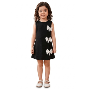 Robe de soirée monochrome pour filles avec nœud décoratif, petite robe trapèze sans manches en satin noir avec nœud - Product Image 1